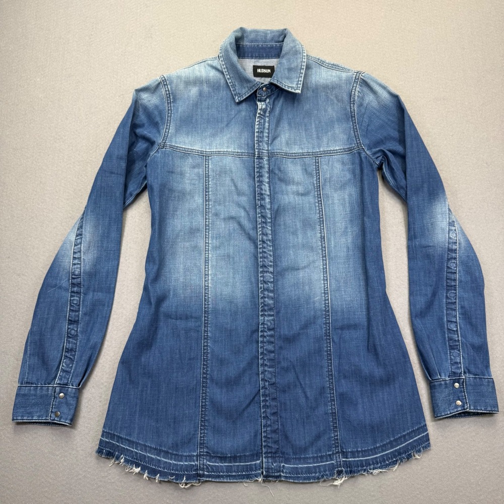 Hudson Britt Long Denim Shirt Medium Wash Blue Raw Let Out Hem tunic mini Size S